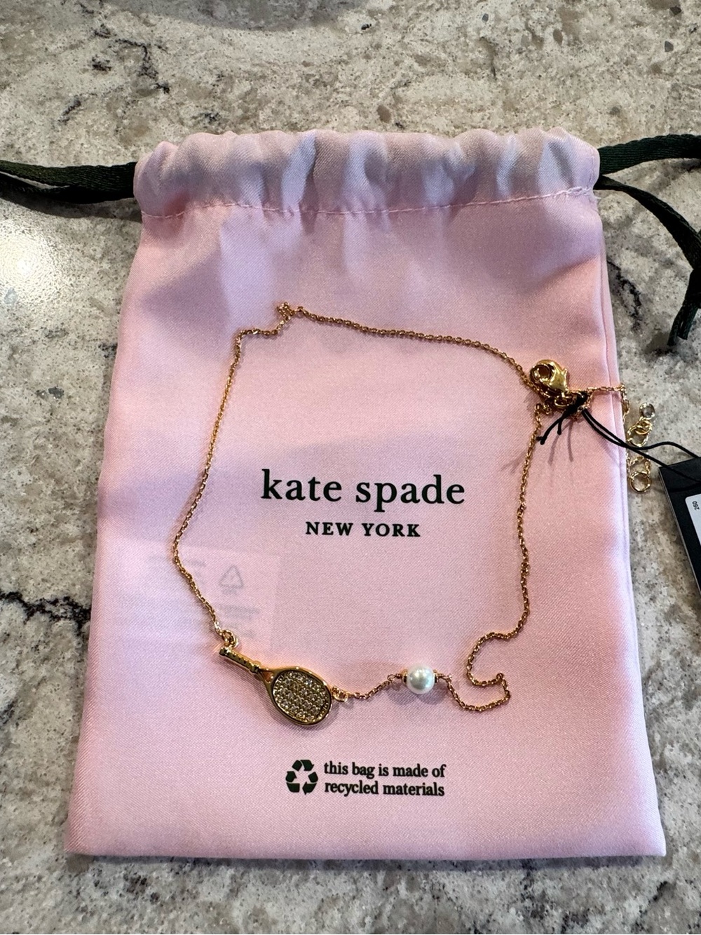 NWT Kate SpadeGold Tennis Racket with Pearl Pendant Necklace
